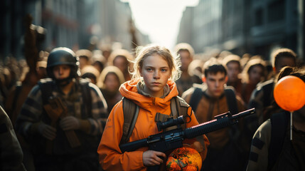 young teenager teen girl is armed, on the streets protesting or riot or demonstrating or fighting as resistance, young generation with weapons guns and rifles, fictional demonstration - obrazy, fototapety, plakaty