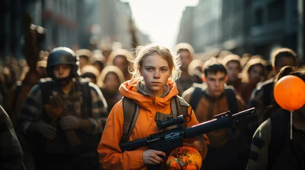 Foto op Aluminium young teenager teen girl is armed, on the streets protesting or riot or demonstrating or fighting as resistance, young generation with weapons guns and rifles, fictional demonstration © wetzkaz