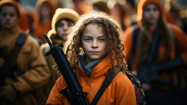 young teenager teen girl is armed, on the streets protesting or riot or demonstrating or fighting as resistance, young generation with weapons guns and rifles, fictional demonstration