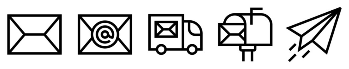 Conjunto de iconos de servicio postal. Mensajería. sobre, camión de reparto, correo electrónico, buzón de correos, mensaje enviado. Ilustración vectorial - obrazy, fototapety, plakaty