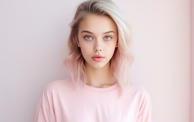 Portrait of a young woman on a clean background in pink tones.