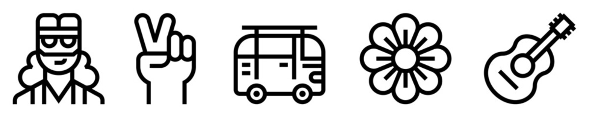 Conjunto de iconos de hippie. Movimiento contracultural. Personaje, gesto de paz, furgoneta, flor, guitarra. Ilustración vectorial