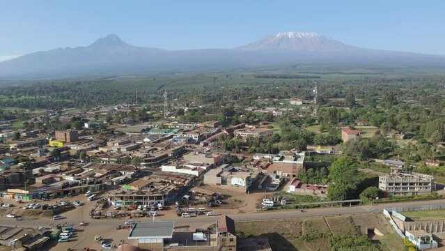 Peaceful African town Loitokitok at footstep of Mount Kilimanjaro, Kenya, aerial view