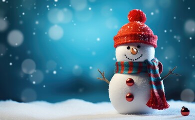 Fototapeta premium A delightful snowman with a bright bobble hat and a striped scarf cheerfully greets amidst a magical snowfall