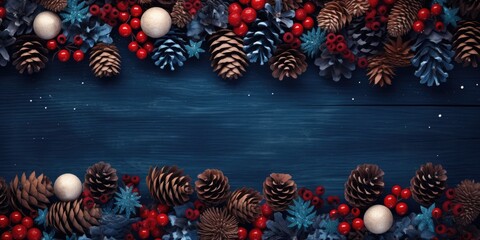 Obraz na płótnie Canvas Elegant holiday composition with pine cones, red berries, and blue frosty leaves on a dark wooden surface, creating a festive border