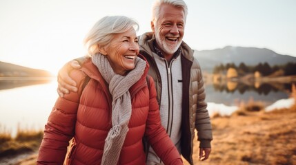 Harmony in Golden Years: Happy Senior Couple Cherishing Moments at the Park, themes of love, togetherness, nature, and the joy derived from simple outdoor activities.