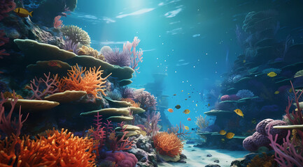 Coral reef with colored fish and sponges