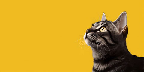 Cute tabby cat looking up on a yellow background