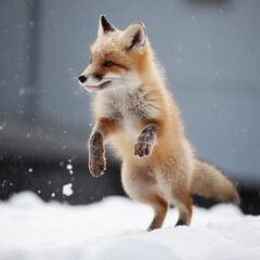 Red fox jumping in the winter forest. Beautiful animal in nature.
