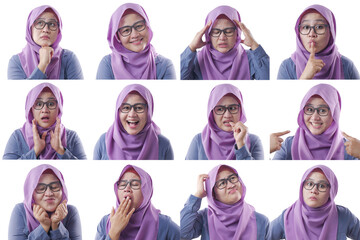 Asian muslim woman with various face expressions, happy, smile, laugh, angry, shock worried - obrazy, fototapety, plakaty