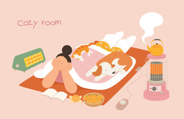 A view of a room in Korea during winter. A girl is lying on a warm electric mat, eating tangerines and reading a book. A dog and a cat are taking a nap together.