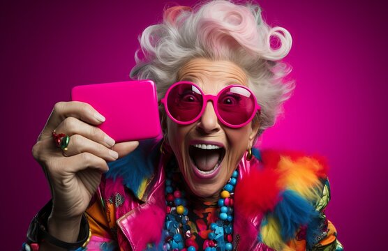 The Wise Woman Embracing Technology with Pink Glasses and a Cell Phone Trying to Take a Selfie. An old woman with white hair wearing pink glasses and holding a cell phone trying to take her photo