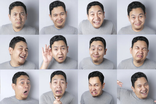 Funny Asian male with various face expressions, happy, smile, laugh, angry, hurt, crying