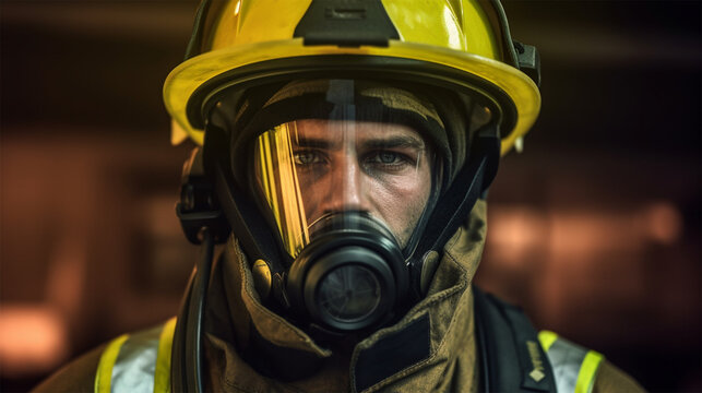 close-up of a rescue worker or firefighter wearing a mask, helmet and protective suit. 