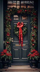 Fototapeta na wymiar Christmas wreath on the door. Vertical New Year background.