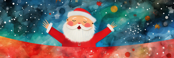 Jolly Santa Claus greeting card illustration - children's cartoon book cover, merry Xmas holiday celebration cheer and laughter - vibrant red coat, happy smiling Christmas father.
