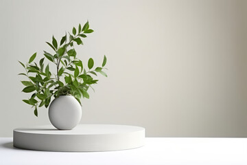 A small, ceramic, white vase sits on a white pedestal against a pale grey background. The vase holds several green leafy sprigs.