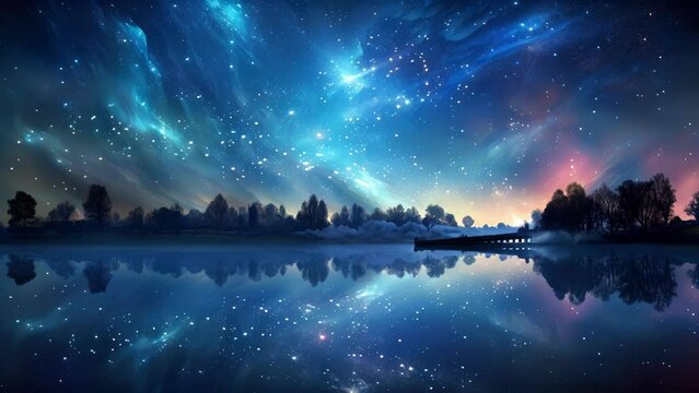 A crystalline lake full of shimmering stars that cascade through the water like a softly ling reflection of infinity every part of the universe working in harmony.