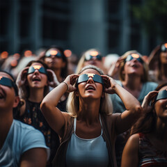 a crowd of people in special glasses watching the solar eclipse.  - obrazy, fototapety, plakaty