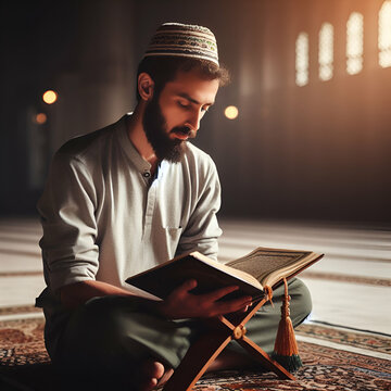 Islamic Religious Muslim Man Sitting on a Rug Holding & Reading the Holy Quran Enuntiat Pose in Ramadan in a Mosque or Masjid before Prayer Time Subdued Dark Light Eastern Religion & Knowledge Concept