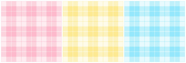 Pink, yellow and light blue plaid pattern set. Vector seamless check pattern for plaid fabric, flannel shirt, blanket, clothes, skirt, tablecloth, textile. - obrazy, fototapety, plakaty