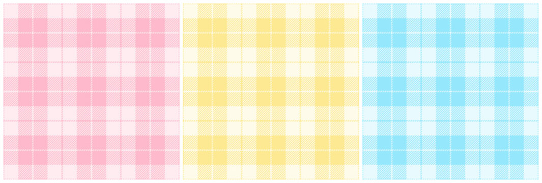 Pink, yellow and light blue plaid pattern set. Vector seamless check pattern for plaid fabric, flannel shirt, blanket, clothes, skirt, tablecloth, textile.