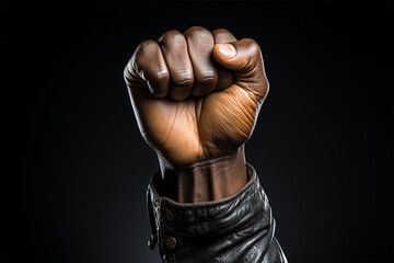 Black fist of a man in a leather jacket raised up in the air on a black background, black lives matter, racial injustice. Fighting racism. Human rights, struggle, protests against racism - obrazy, fototapety, plakaty