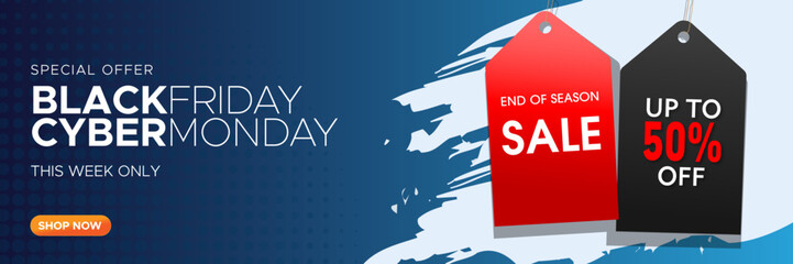 Black Friday and Cyber Monday tag concept. red blue  background. vector illustration	
