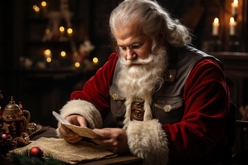 Santa Claus reads letters from children in his home at the table against the backdrop of Christmas lights. 