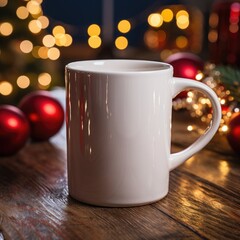 Obraz na płótnie Canvas Cup of coffee on wooden table with christmas lights on background
