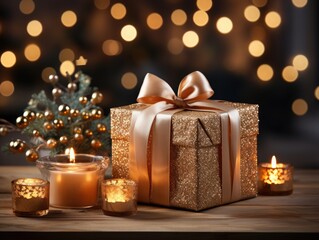 Christmas gift box with burning candles on wooden table over bokeh background