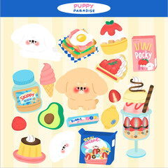 dog with set of food cartoon vector