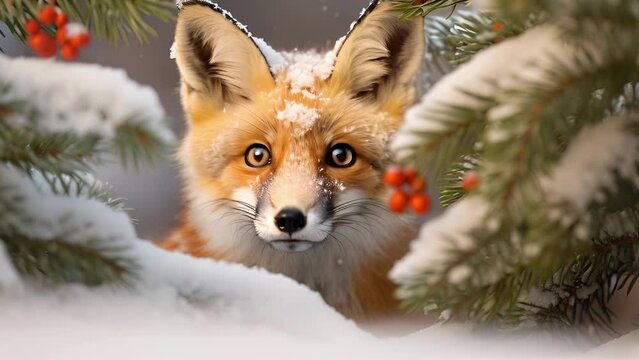 A lone fox peeking out from behind a snowcovered evergreen tree, adorned with red and gold baubles and a star on top.