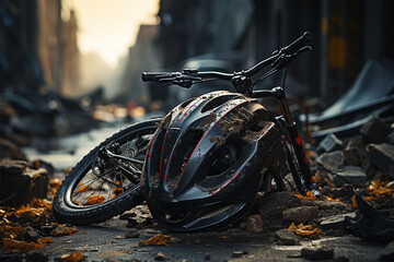 Broken bicycle on the road. Accident in the road. Bicycle crash road accident with broken bike and helmet. 