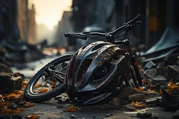 Foto op Aluminium Broken bicycle on the road. Accident in the road. Bicycle crash road accident with broken bike and helmet.  © Margo_Alexa