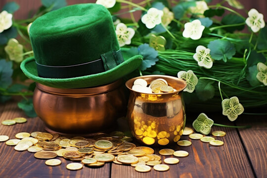 St.Patrick 's Day. Barrel with coins and clover and a pile of gold coins and a green leprechaun hat. 