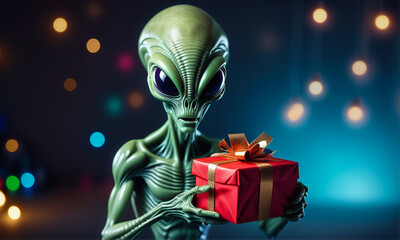 A skinny green alien is standing holding a red gift box, Generative Ai