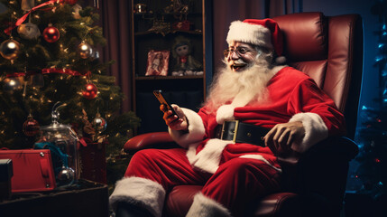 Photo of Santa Claus with smartphone in his hands checking on social media
