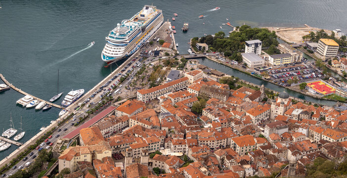 View of the fortified town of Kotor from San Giovanni Castle, Bay of Kotor, Adriatic Coast, Montenegro
