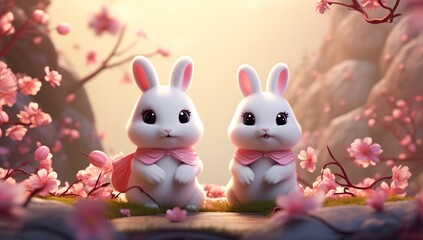 Two adorable white bunnies surrounding by a cherry blossom forest. Cartoon illustration