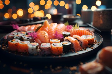 A beautifully arranged sushi platter, bokeh lights background. generative AI