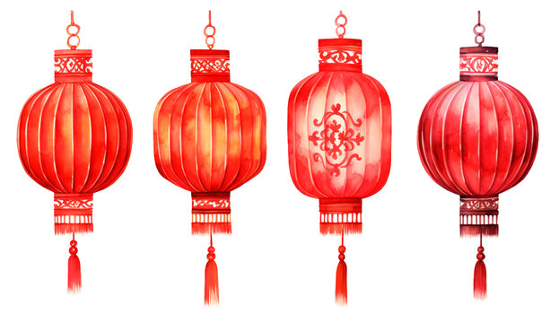 Four Chinese paper lanterns watercolor style illustration over isolated transparent background