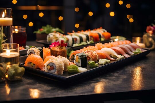 A beautifully arranged sushi platter, bokeh lights background. generative AI
