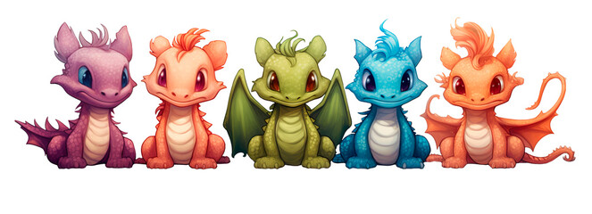 Adorable set of colorful dragons in the style of cartoon illustration over isolated transparent background