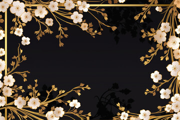 Cherry blossoms with golden details frame over black background with copy space