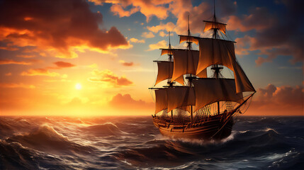 Obraz premium calm sea at tropical beach in sunset, a huge pirate sailing ship sailed above it, reflection, coconut trees, beautiful sky, hyper realistic, dramatic light and shadows