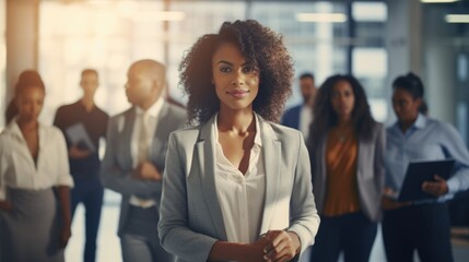Smiling african American businesswoman standing in front of team of business people working in the office looking camera, executive manager female Afro hair wearing white suit hold notebook technology