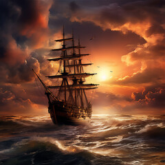 Obraz premium calm sea at tropical beach in sunset, a huge pirate sailing ship sailed above it, reflection, coconut trees, beautiful sky, hyper realistic, dramatic light and shadows