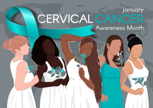 Horizontal Banner for Cervical Cancer Awareness Month. Diverse women with flowers, text, and a teal ribbon. Modern flat vector illustration - Powered by Adobe