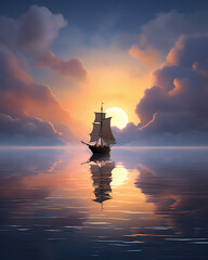 calm sea at tropical beach in sunset, a huge pirate sailing ship sailed above it, reflection,...